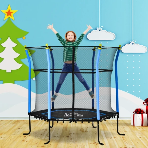  5.3FT Trampoline Voor Kinderen Tuintrampoline Met Vangnet Randafdekking Rubberen Touw Gevoerde Fitnesstrampoline Minitrampoline Met Net Staalblauw 163.5H Cm Tot 60 Kg 2