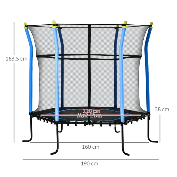  5.3FT Trampoline Voor Kinderen Tuintrampoline Met Vangnet Randafdekking Rubberen Touw Gevoerde Fitnesstrampoline Minitrampoline Met Net Staalblauw 163.5H Cm Tot 60 Kg 3