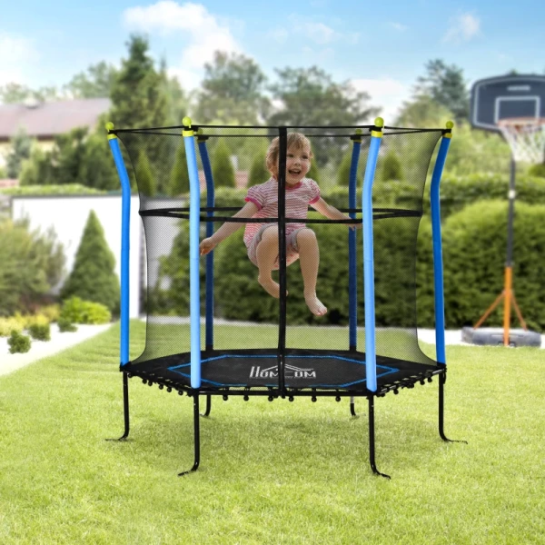  5.3FT Trampoline Voor Kinderen Tuintrampoline Met Vangnet Randafdekking Rubberen Touw Gevoerde Fitnesstrampoline Minitrampoline Met Net Staalblauw 163.5H Cm Tot 60 Kg 10