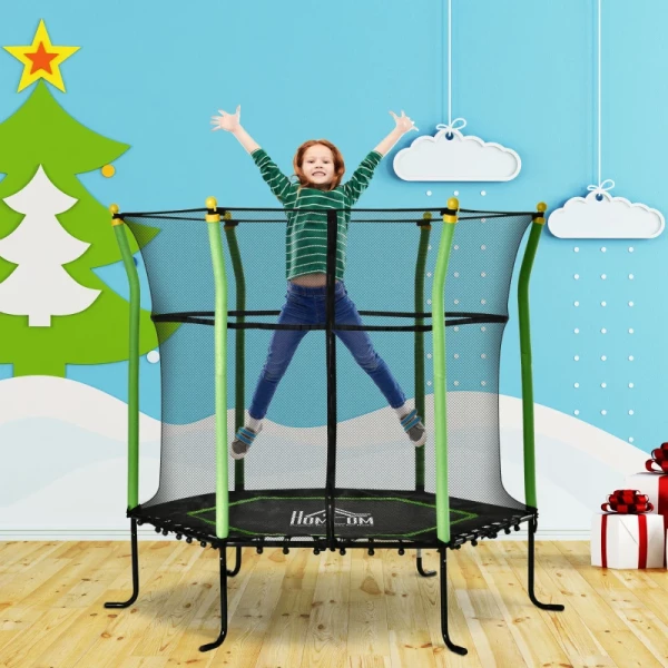  5.3FT Trampoline Voor Kinderen Tuintrampoline Met Veiligheidsnet Nethoes Rubberen Touw Gevoerde Fitnesstrampoline Minitrampoline Met Net Staalgroen 163.5H Cm Tot 60 Kg 2