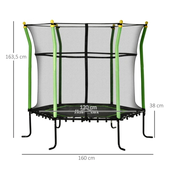  5.3FT Trampoline Voor Kinderen Tuintrampoline Met Veiligheidsnet Nethoes Rubberen Touw Gevoerde Fitnesstrampoline Minitrampoline Met Net Staalgroen 163.5H Cm Tot 60 Kg 3