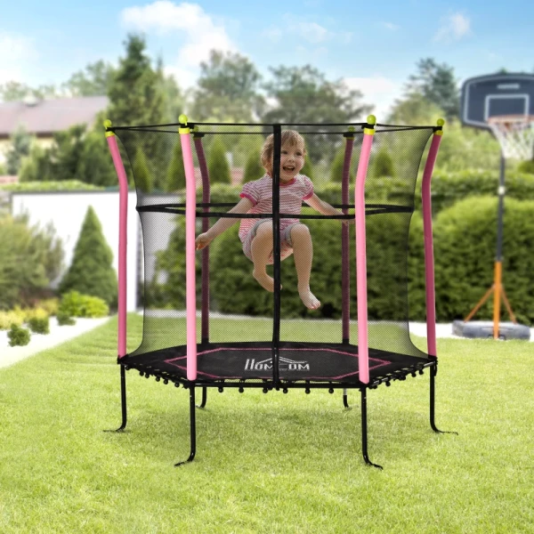  5.3FT Trampoline Voor Kinderen Tuintrampoline Met Veiligheidsnet Randafdekking Rubberen Touw Gevoerde Fitnesstrampoline Minitrampoline Met Net Staal Roze 163.5H Cm Tot 60 Kg 2