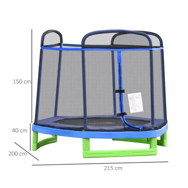  7FT Kindertrampoline Met Veiligheidsnet, Peutertrampoline Voor Binnen En Buiten, Fitnesstrampoline, Tuintrampoline Voor 3-12 Jaar, Kinderen Tot 80 Kg, Staal, Blauw En Groen, 215 X 200 X 190 Cm 3