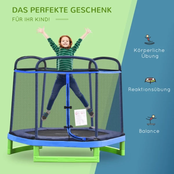  7FT Kindertrampoline Met Veiligheidsnet, Peutertrampoline Voor Binnen En Buiten, Fitnesstrampoline, Tuintrampoline Voor 3-12 Jaar, Kinderen Tot 80 Kg, Staal, Blauw En Groen, 215 X 200 X 190 Cm 4