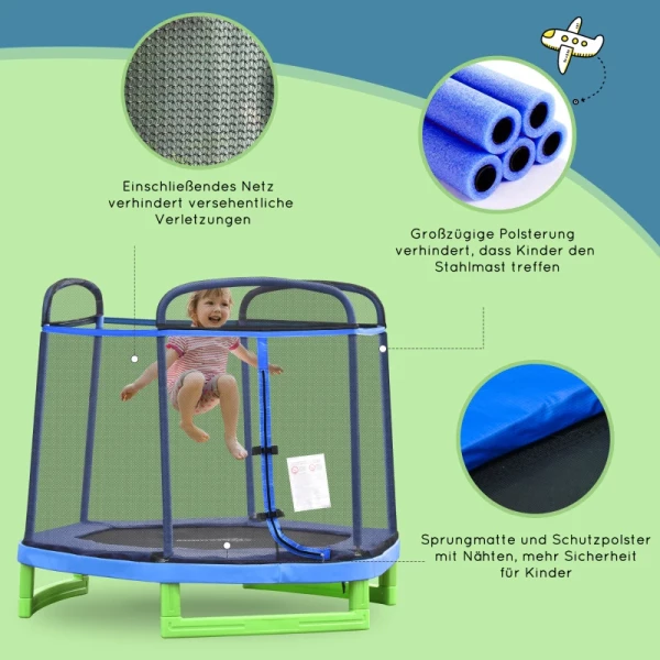  7FT Kindertrampoline Met Veiligheidsnet, Peutertrampoline Voor Binnen En Buiten, Fitnesstrampoline, Tuintrampoline Voor 3-12 Jaar, Kinderen Tot 80 Kg, Staal, Blauw En Groen, 215 X 200 X 190 Cm 7