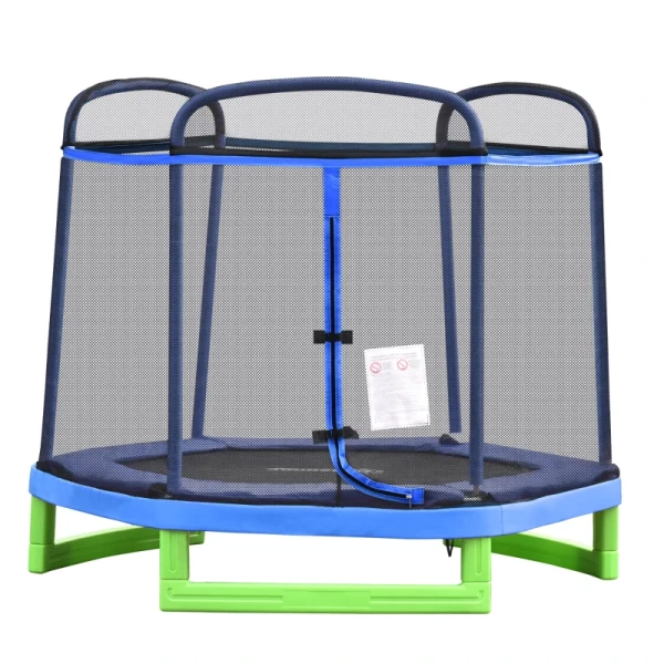 7FT Kindertrampoline Met Veiligheidsnet, Peutertrampoline Voor Binnen En Buiten, Fitnesstrampoline, Tuintrampoline Voor 3-12 Jaar, Kinderen Tot 80 Kg, Staal, Blauw En Groen, 215 X 200 X 190 Cm 1