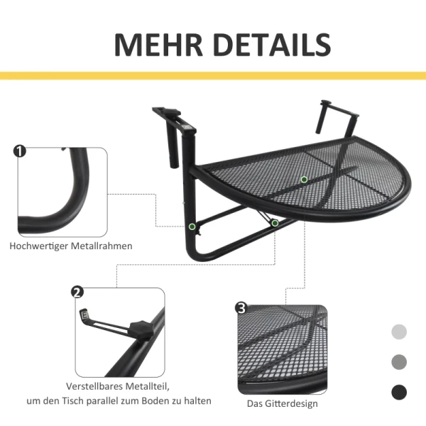 ® Balkonhangtafel Hangtafel In Hoogte Verstelbaar Halfrond Ø30 Cm Terras Metaal Zwart L60 X B45 X H50 Cm 6