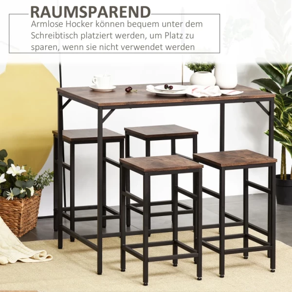  Bartafelset Bartafel Met 4 Barkrukken 5-delig Placemat Keukenblad Spaanplaat Staal Rustiek Bruin + Zwart 100 X 60 X 88 Cm 4