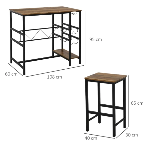  Bartafelset, Hoge Tafel Met 2 Barkrukken, 3-delige Placemat, Aanrecht Met Flessenhouder, Spaanplaat, Staal, Naturel + Zwart, 108 X 60 X 95H Cm 3