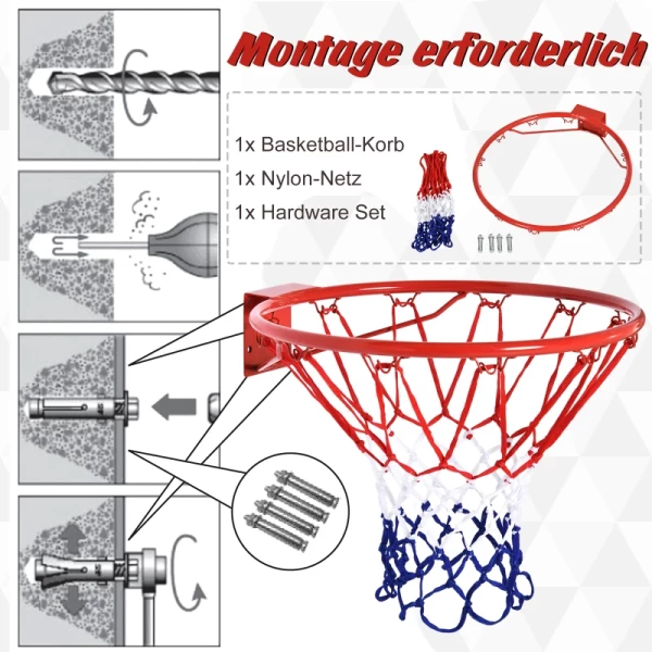  Basketbalring Met Net, Basketbalnet, Stalen Buis+nylon, Rood+blauw+wit, ø46cm 4