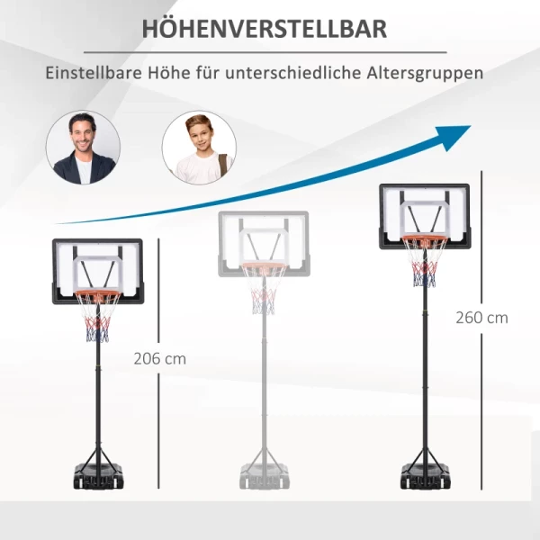  Basketbalstandaard, In Hoogte Verstelbaar, Basketbalsysteem Voor Kinderen, Basketbalring Voor Buiten Met Wielen, Staal, PVC, HDPE, Zwart, 83 X 75 X 206-260 Cm 4