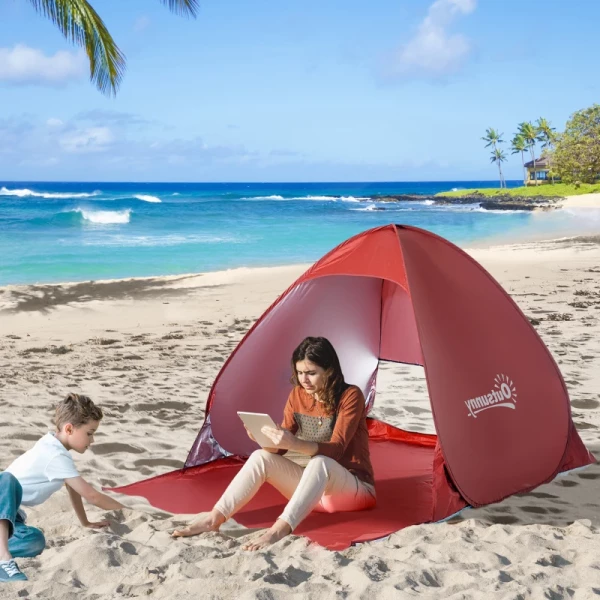  Beach Shelter Strandtent Werptent Pop-up Tent Kampeertent Automatisch Polyester Rood 200 X 150 X 119 Cm 2