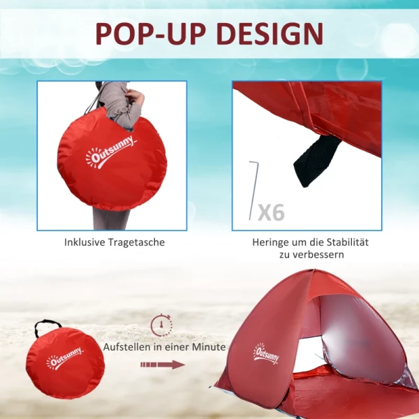  Beach Shelter Strandtent Werptent Pop-up Tent Kampeertent Automatisch Polyester Rood 200 X 150 X 119 Cm 5