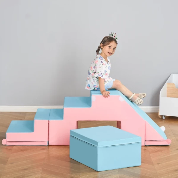  Bouwblokkenset, Set Van 2, Bouwblokken, Tafel- En Stoelenset, Glijbaan, Herconfigureerbaar Ontwerp, Bouwspeelgoed, Schuimblokken Voor 12-36 Maanden, Kinderen, Kunstleer, EPE, Roze+blauw, 147/86 X 49 X 47cm 2