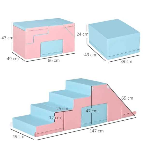  Bouwblokkenset, Set Van 2, Bouwblokken, Tafel- En Stoelenset, Glijbaan, Herconfigureerbaar Ontwerp, Bouwspeelgoed, Schuimblokken Voor 12-36 Maanden, Kinderen, Kunstleer, EPE, Roze+blauw, 147/86 X 49 X 47cm 3