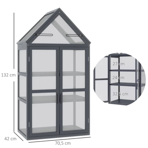  Broeikas Met 3 Planken, Massief Hout, Behuizing Van Polycarbonaat, Grijs, 70,5 X 42 X 132 Cm 3