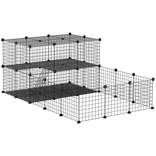 Buitenverblijf Van Metaal DIY Ren Voor Kleine Dieren 2 Verdiepingen Kleine Dierenkooi Met Deur En Ladder Voor Chinchilla Konijnen Cavia's 33 Panelen Metalen Rooster Zwart 175 X 105 X 70 Cm 1