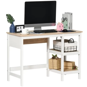  Bureau Met 2 Niveaus Plank Computerbureau Kantoortafel MDF Naturel+Wit 110 X 48 X 76,2 Cm 1