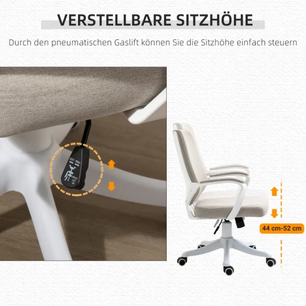  Bureaustoel, Bureaustoel, Thuiskantoorstoel Met Schommelfunctie, Rugleuning, In Hoogte Verstelbaar, Dik Gevoerd, Ergonomisch 360° Draaibare Wielen, Polyester Nylon PP Beige + Wit 62x69x92-100 Cm 4