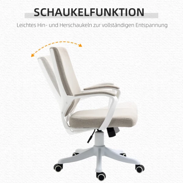  Bureaustoel, Bureaustoel, Thuiskantoorstoel Met Schommelfunctie, Rugleuning, In Hoogte Verstelbaar, Dik Gevoerd, Ergonomisch 360° Draaibare Wielen, Polyester Nylon PP Beige + Wit 62x69x92-100 Cm 5