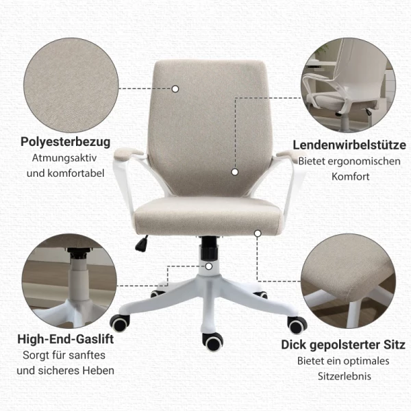  Bureaustoel, Bureaustoel, Thuiskantoorstoel Met Schommelfunctie, Rugleuning, In Hoogte Verstelbaar, Dik Gevoerd, Ergonomisch 360° Draaibare Wielen, Polyester Nylon PP Beige + Wit 62x69x92-100 Cm 6