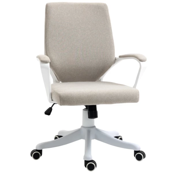 Bureaustoel, Bureaustoel, Thuiskantoorstoel Met Schommelfunctie, Rugleuning, In Hoogte Verstelbaar, Dik Gevoerd, Ergonomisch 360° Draaibare Wielen, Polyester Nylon PP Beige + Wit 62x69x92-100 Cm 1