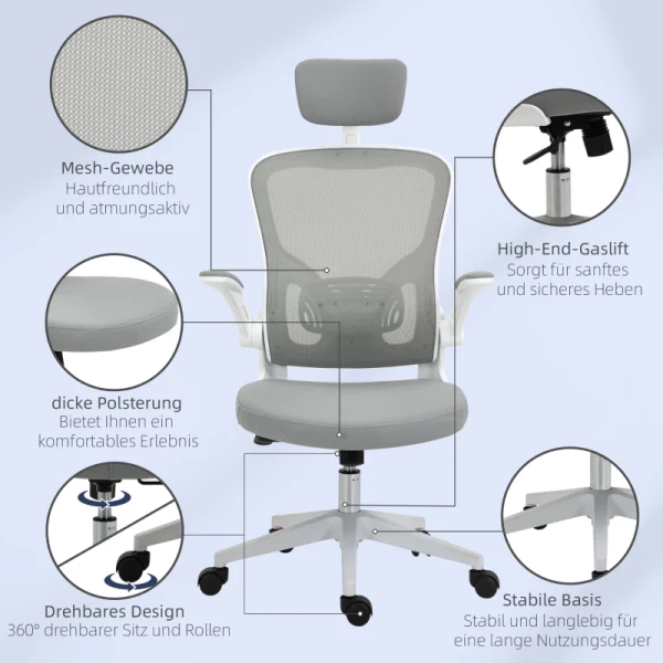  Bureaustoel Ergonomische Bureaustoel Met Wipfunctie Hoge Rugleuning Lendensteun Hoofdsteun Opklapbare Arm Home Office Grijs 65 X 64 X 114-122 Cm 9