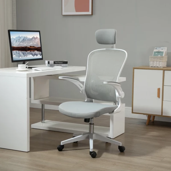  Bureaustoel Ergonomische Bureaustoel Met Wipfunctie Hoge Rugleuning Lendensteun Hoofdsteun Opklapbare Arm Home Office Grijs 65 X 64 X 114-122 Cm 10