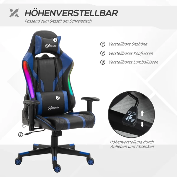  Bureaustoel LED-gamingstoel Met Armleuningen, Hoge Rugleuning En Kussen, Ergonomische Draaistoel Met Ligfunctie, Leuning Kan Worden Verhoogd, Kunstleer, Nylon, Zwart En Blauw, 70 X 57,5 ​​x 126-136 Cm 4