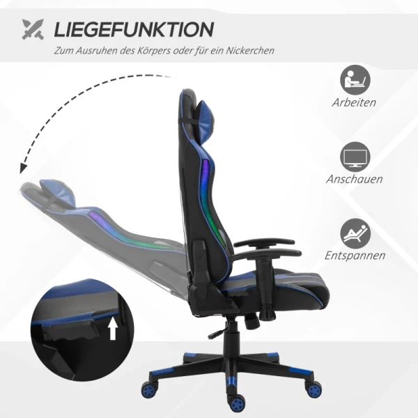  Bureaustoel LED-gamingstoel Met Armleuningen, Hoge Rugleuning En Kussen, Ergonomische Draaistoel Met Ligfunctie, Leuning Kan Worden Verhoogd, Kunstleer, Nylon, Zwart En Blauw, 70 X 57,5 ​​x 126-136 Cm 5