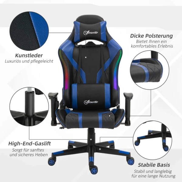  Bureaustoel LED-gamingstoel Met Armleuningen, Hoge Rugleuning En Kussen, Ergonomische Draaistoel Met Ligfunctie, Leuning Kan Worden Verhoogd, Kunstleer, Nylon, Zwart En Blauw, 70 X 57,5 ​​x 126-136 Cm 9