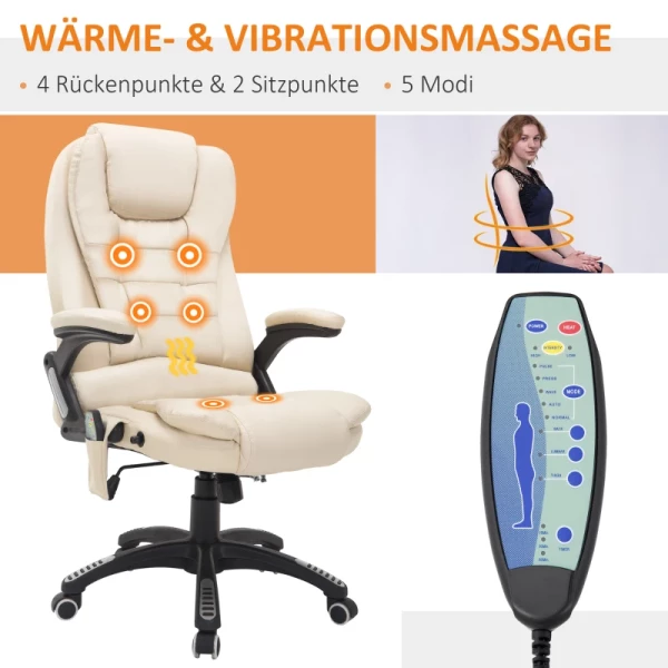  Bureaustoel Met Massagefunctie Warmtefunctie In Hoogte Verstelbare Kantelfunctie Massage Bureaustoel Creme Wit + Zwart 4