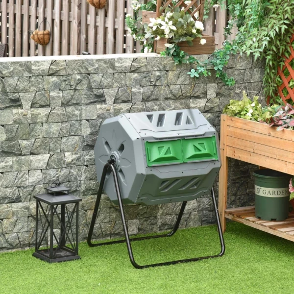  Compostbak Met 2 Bakken, 160 Liter, Roterende Compostbak, 71 Cm X 65 Cm X 96 Cm, Grijs + Groen + Zwart 2