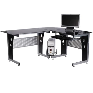 Computerbureau Hoekbureau Bureau Kantoortafel PC-tafel Met Zwart Veiligheidsglas L-vormig 164x139x75 Cm 1