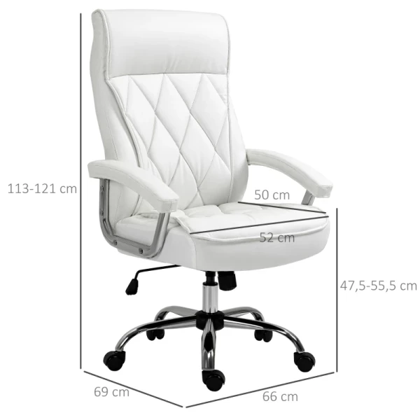  Directiestoel Bureaustoel Bureaustoel Draaistoel Ergonomisch Met Wipfunctie In Hoogte Verstelbaar Ruitpatroon Modern Elegant Luxueus Imitatieleer Metaalfoam Wit 66x69x121 Cm 3