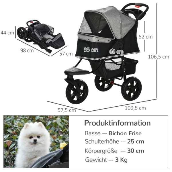  Dog Buggy Cat Buggy Pet Stroller Met 3 Wielen Opvouwbaar Dog Cat Oxford Grijs + Zwart 109,5 X 57,5 ​​x 106,5 Cm 3