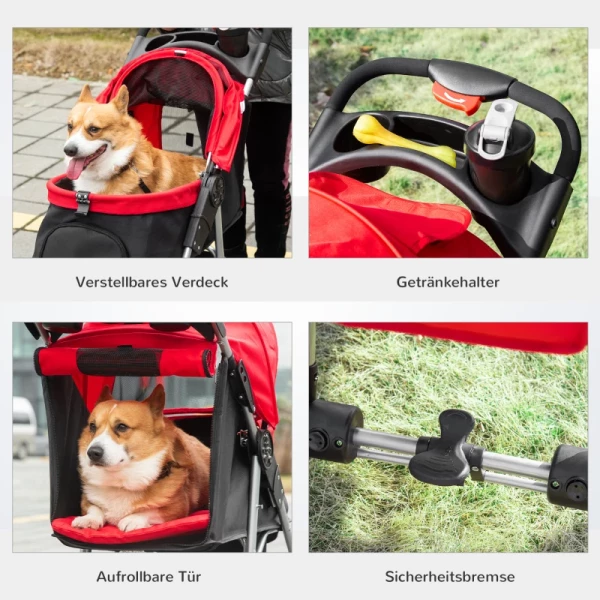  Dog Buggy Cat Buggy Pet Stroller Met 3 Wielen Opvouwbaar Dog Cat Oxford Rood+zwart 109,5 X 54,5 X 106,5 Cm 7