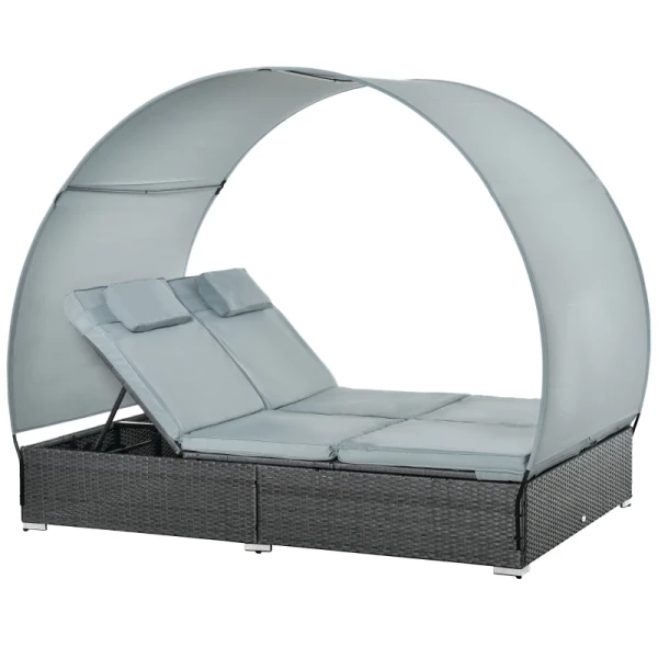 Dubbel Ligbed Van Polyrotan Voor 2 Personen Met Zonnekap Tuinligbed Staal Polyester Grijs 196 X 137 X 36,5 Cm 1