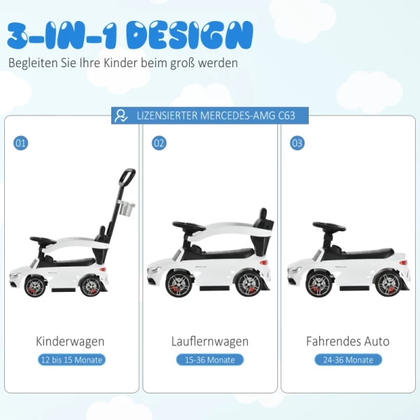  Duwauto, Kinderauto Van Mercedes Benz, Kindervoertuig, Duwstang Met Rugleuning/beschermbeugel, Loopwagen Voor Baby's Van 12-36 Maanden (wit) 4