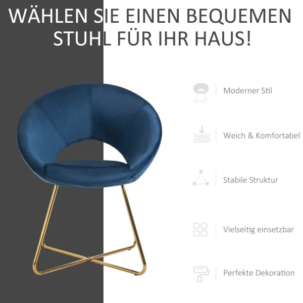  Eetkamerstoel Woonkamerstoel Bureaustoel Make-up Stoel Modern Fluweel Blauw Loungestoel Met Gouden Poten Ergonomische Zittingen Tot 120kg Draagvermogen Staal 68 X 54 X 84 Cm 7