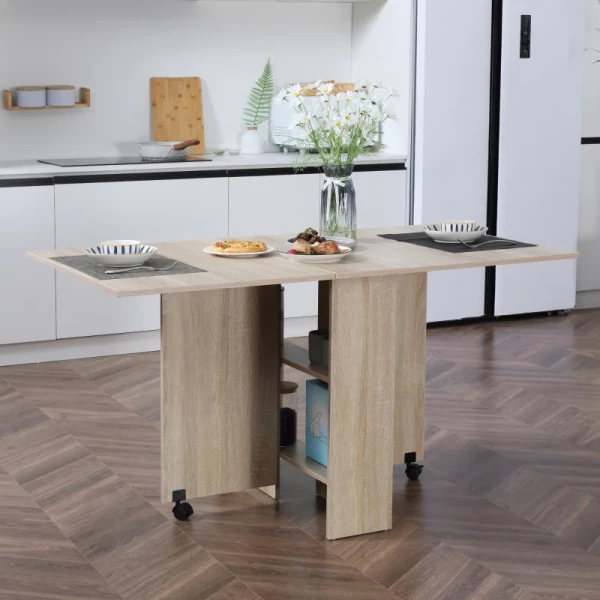  Eettafel, Klaptafel Met Wielen, Bureau, Bijzettafel, Tafel Met Opbergruimte Voor Eetkamer, Hout, Naturel, 80 X 140 X 74 Cm 2