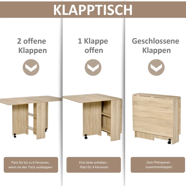  Eettafel, Klaptafel Met Wielen, Bureau, Bijzettafel, Tafel Met Opbergruimte Voor Eetkamer, Hout, Naturel, 80 X 140 X 74 Cm 4