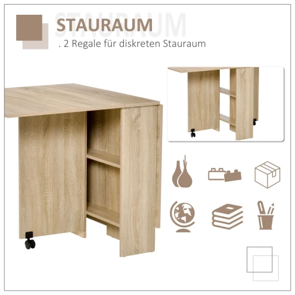  Eettafel, Klaptafel Met Wielen, Bureau, Bijzettafel, Tafel Met Opbergruimte Voor Eetkamer, Hout, Naturel, 80 X 140 X 74 Cm 5