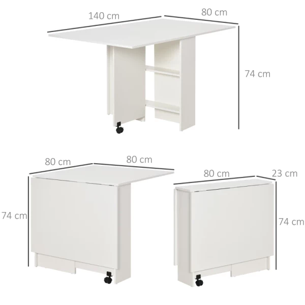  Eettafel, Klaptafel Met Wielen, Bureau, Bijzettafel, Tafel Met Opbergruimte Voor Eetkamer, Hout, Wit, 80 X 140 X 74 Cm 3