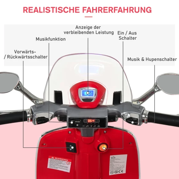  Elektrisch Voertuig, Kindervoertuig, Kindermotor, Elektrische Motorfiets Met Mp3-muziekverlichting, 3-6 Jaar, PP, Rood, 108 X 49 X 75 Cm 7