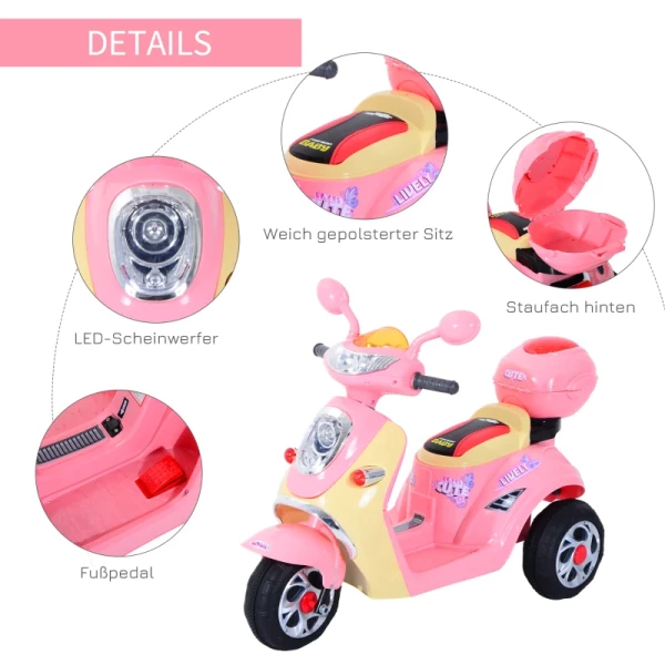  Elektrische Kindermotor Elektrische Motorfiets Kinder Elektrische Auto Kindervoertuig Driewieler, 6V, Metaal + PP, 108x51x75cm (roze + Geel) 4