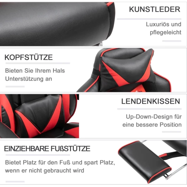  Ergonomische Bureaustoel, Gamestoel, Draaistoel Met Intrekbare Voetensteun En Verstelbare Rugleuning Schuim+PU-leer+metaal, Zwart+rood, 65 X 70 X 118,5-128,5 Cm 7