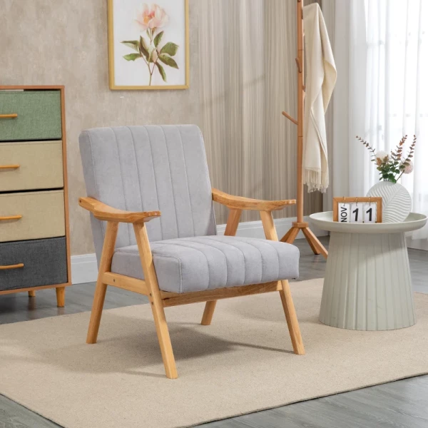  Fauteuil In Scandinavisch Design, Fluwelen Look, Massief Hout; 68cm X 74cm X 82cm, Naturel + Grijs 2