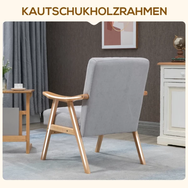  Fauteuil In Scandinavisch Design, Fluwelen Look, Massief Hout; 68cm X 74cm X 82cm, Naturel + Grijs 5