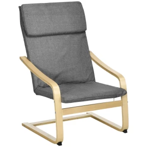  Fauteuil Met Hoofdsteun En Armleuningen, Hoes Linnenlook, Houten Frame, Grijs + Naturel 1